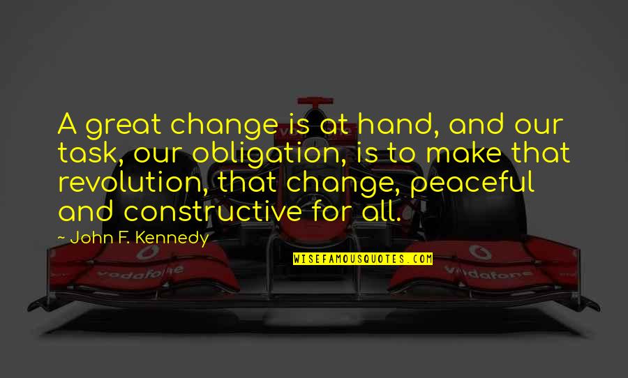 Brutalesque Quotes By John F. Kennedy: A great change is at hand, and our Brutalesque Quotes By John F. Kennedy: A great change is at hand, and our