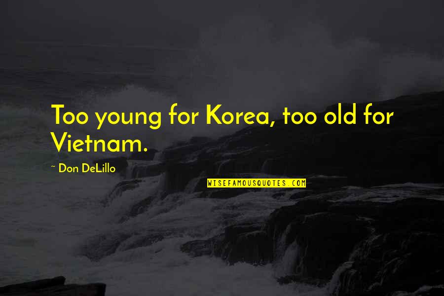 Bunky Bed Quotes By Don DeLillo: Too young for Korea, too old for Vietnam. Bunky Bed Quotes By Don DeLillo: Too young for Korea, too old for Vietnam.