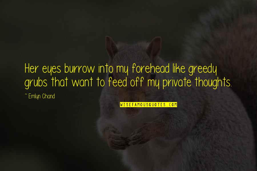 Burrow Quotes By Emlyn Chand: Her eyes burrow into my forehead like greedy
