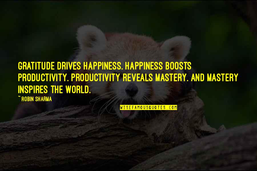 Buteo's Quotes By Robin Sharma: Gratitude drives happiness. Happiness boosts Productivity. Productivity reveals