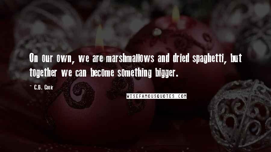 C.B. Cook quotes: On our own, we are marshmallows and dried spaghetti, but together we can become something bigger.