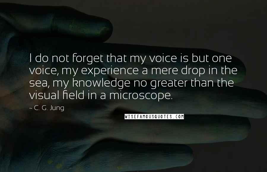 C. G. Jung quotes: I do not forget that my voice is but one voice, my experience a mere drop in the sea, my knowledge no greater than the visual field in a microscope.