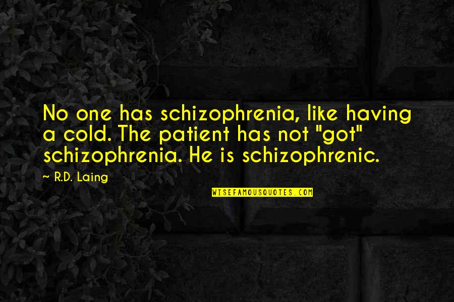 C J Laing Quotes By R.D. Laing: No one has schizophrenia, like having a cold.