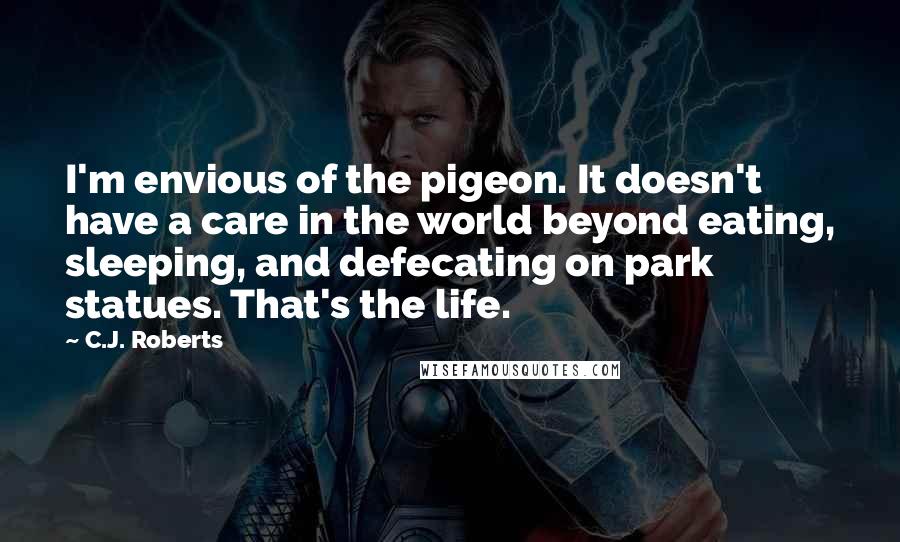 C.J. Roberts quotes: I'm envious of the pigeon. It doesn't have a care in the world beyond eating, sleeping, and defecating on park statues. That's the life.