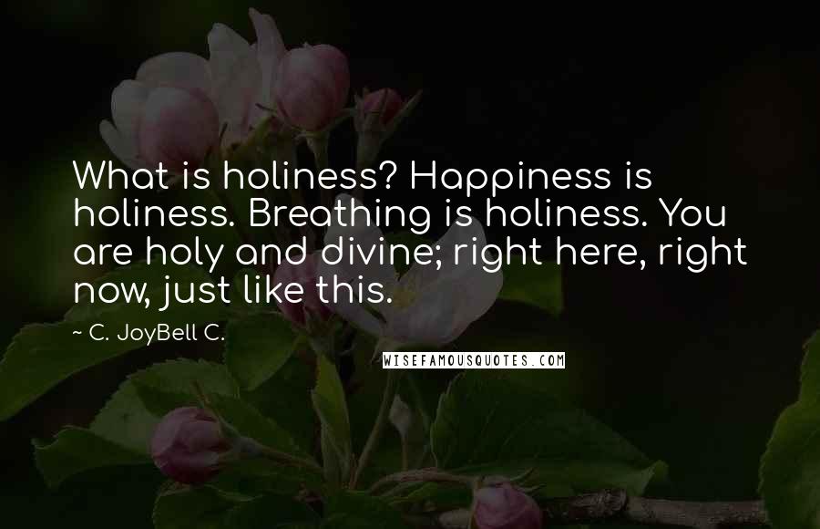 C. JoyBell C. quotes: What is holiness? Happiness is holiness. Breathing is holiness. You are holy and divine; right here, right now, just like this.