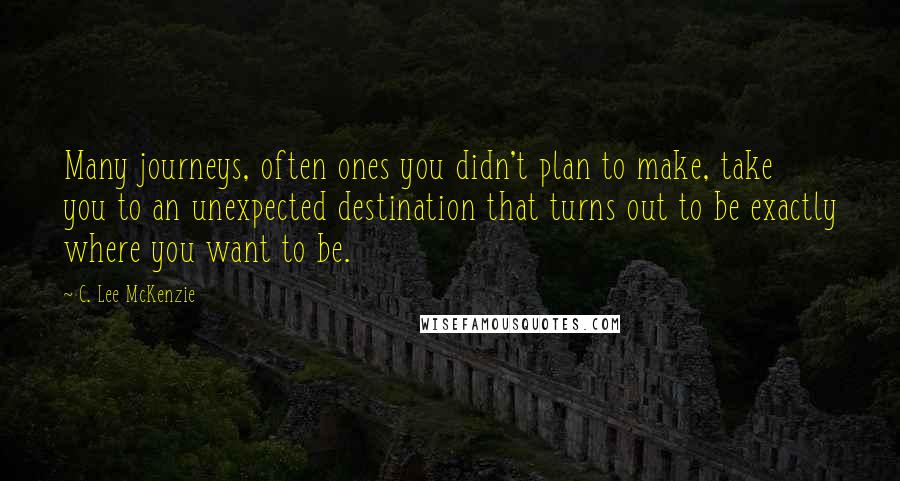 C. Lee McKenzie quotes: Many journeys, often ones you didn't plan to make, take you to an unexpected destination that turns out to be exactly where you want to be. C. Lee McKenzie quotes: Many journeys, often ones you didn't plan to make, take you to an unexpected destination that turns out to be exactly where you want to be.