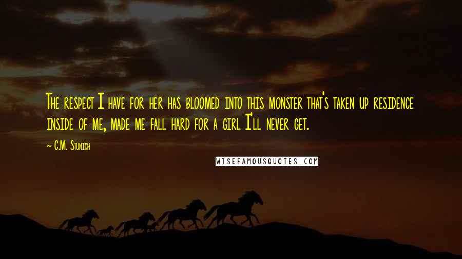 C.M. Stunich quotes: The respect I have for her has bloomed into this monster that's taken up residence inside of me, made me fall hard for a girl I'll never get.