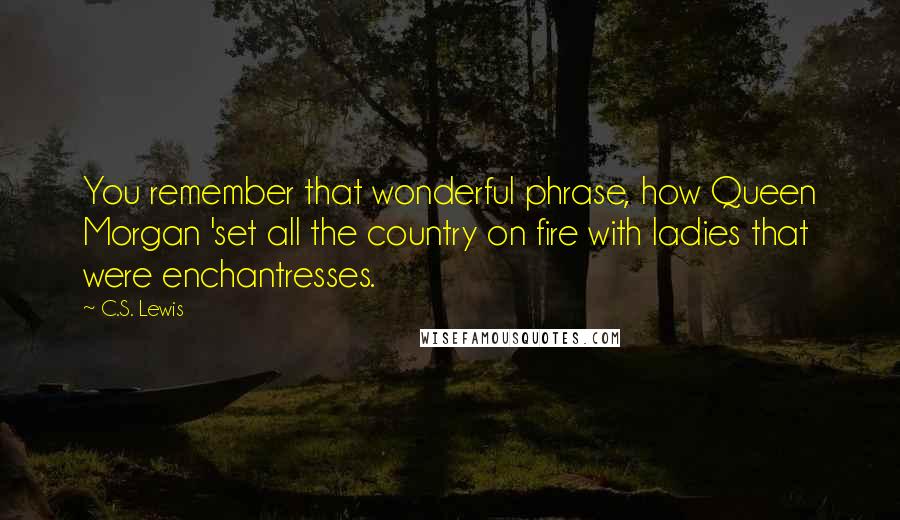 C.S. Lewis quotes: You remember that wonderful phrase, how Queen Morgan 'set all the country on fire with ladies that were enchantresses. C.S. Lewis quotes: You remember that wonderful phrase, how Queen Morgan 'set all the country on fire with ladies that were enchantresses.