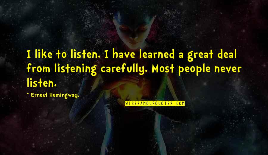 Calculatingly Synonyms Quotes By Ernest Hemingway,: I like to listen. I have learned a