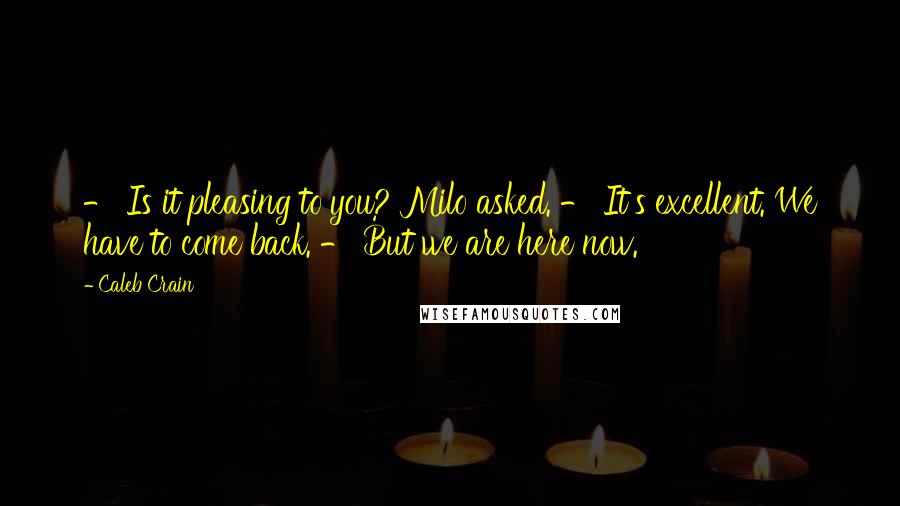 Caleb Crain quotes: - Is it pleasing to you? Milo asked. - It's excellent. We have to come back. - But we are here now.