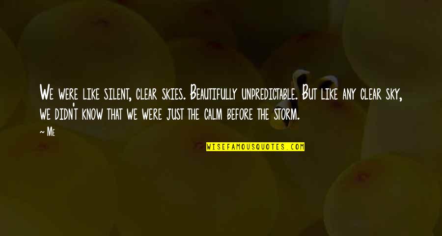 Calm Storm Quotes By Me: We were like silent, clear skies. Beautifully unpredictable. Calm Storm Quotes By Me: We were like silent, clear skies. Beautifully unpredictable.