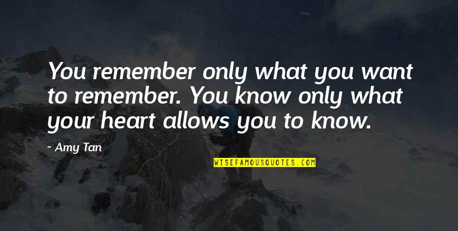 Calmettes Dosage Quotes By Amy Tan: You remember only what you want to remember. Calmettes Dosage Quotes By Amy Tan: You remember only what you want to remember.