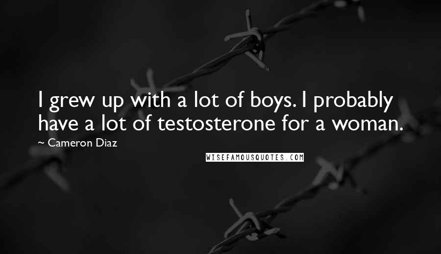 Cameron Diaz quotes: I grew up with a lot of boys. I probably have a lot of testosterone for a woman.