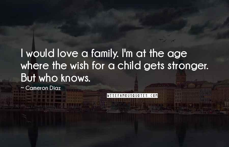 Cameron Diaz quotes: I would love a family. I'm at the age where the wish for a child gets stronger. But who knows.