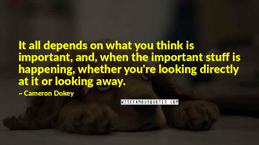 Cameron Dokey quotes: It all depends on what you think is important, and, when the important stuff is happening, whether you're looking directly at it or looking away.