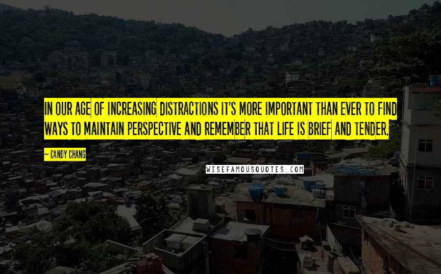 Candy Chang quotes: In our age of increasing distractions it's more important than ever to find ways to maintain perspective and remember that life is brief and tender.