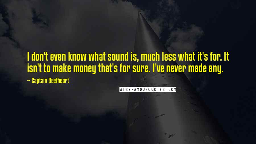 Captain Beefheart quotes: I don't even know what sound is, much less what it's for. It isn't to make money that's for sure. I've never made any.
