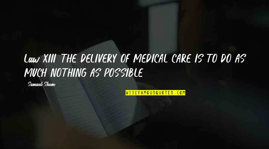 Care Quotes By Samuel Shem: Law XIII. THE DELIVERY OF MEDICAL CARE IS