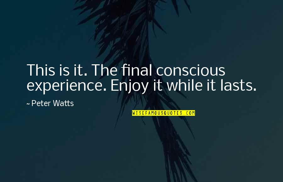 Careful Consideration Quotes By Peter Watts: This is it. The final conscious experience. Enjoy