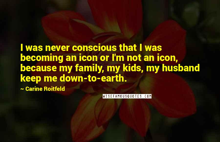 Carine Roitfeld quotes: I was never conscious that I was becoming an icon or I'm not an icon, because my family, my kids, my husband keep me down-to-earth.