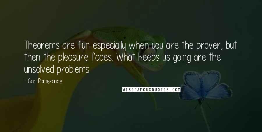 Carl Pomerance quotes: Theorems are fun especially when you are the prover, but then the pleasure fades. What keeps us going are the unsolved problems.