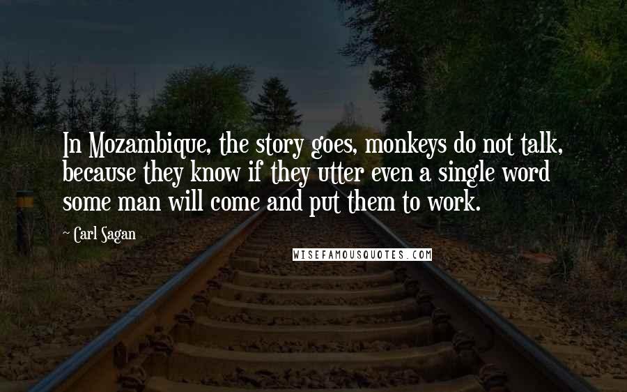 Carl Sagan quotes: In Mozambique, the story goes, monkeys do not talk, because they know if they utter even a single word some man will come and put them to work.