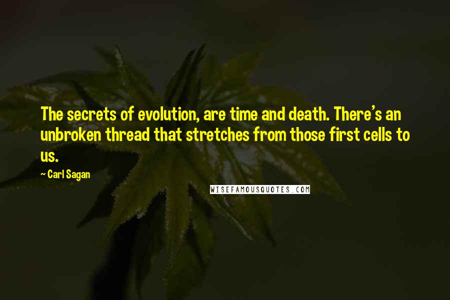 Carl Sagan quotes: The secrets of evolution, are time and death. There's an unbroken thread that stretches from those first cells to us.