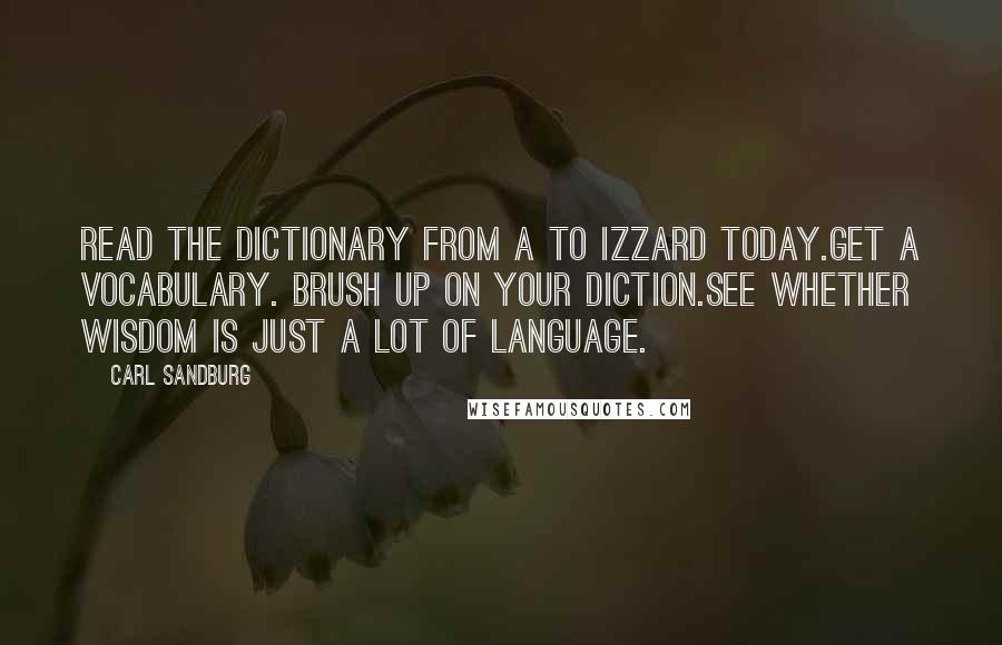 Carl Sandburg quotes: Read the dictionary from A to Izzard today.Get a vocabulary. Brush up on your diction.See whether wisdom is just a lot of language. Carl Sandburg quotes: Read the dictionary from A to Izzard today.Get a vocabulary. Brush up on your diction.See whether wisdom is just a lot of language.