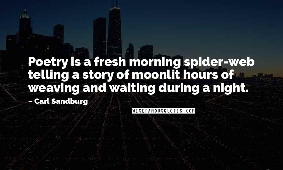Carl Sandburg quotes: Poetry is a fresh morning spider-web telling a story of moonlit hours of weaving and waiting during a night. Carl Sandburg quotes: Poetry is a fresh morning spider-web telling a story of moonlit hours of weaving and waiting during a night.