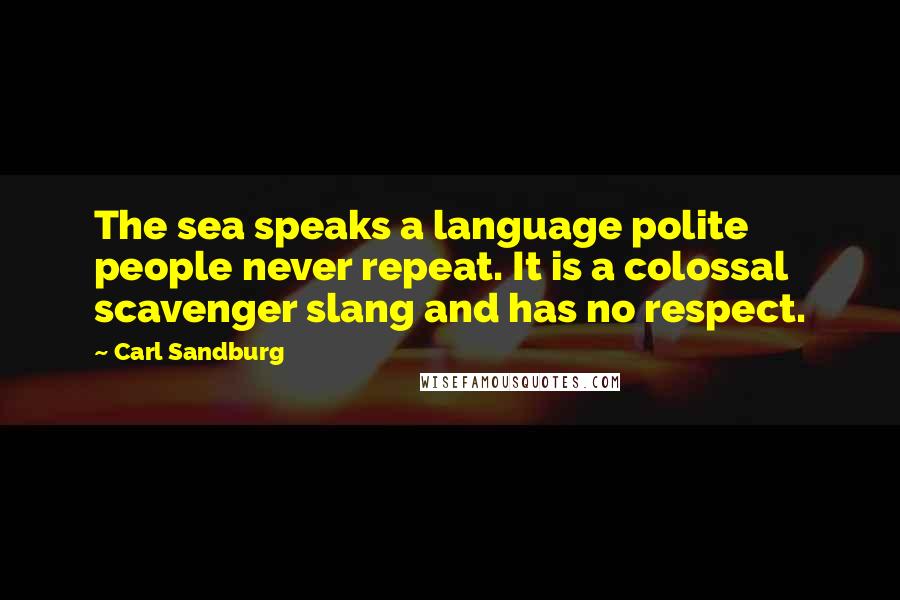 Carl Sandburg quotes: The sea speaks a language polite people never repeat. It is a colossal scavenger slang and has no respect. Carl Sandburg quotes: The sea speaks a language polite people never repeat. It is a colossal scavenger slang and has no respect.