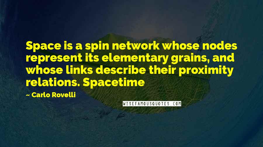 Carlo Rovelli quotes: Space is a spin network whose nodes represent its elementary grains, and whose links describe their proximity relations. Spacetime Carlo Rovelli quotes: Space is a spin network whose nodes represent its elementary grains, and whose links describe their proximity relations. Spacetime