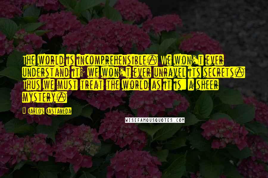 Carlos Castaneda quotes: The world is incomprehensible. We won't ever understand it; we won't ever unravel its secrets. Thus we must treat the world as it is: a sheer mystery.