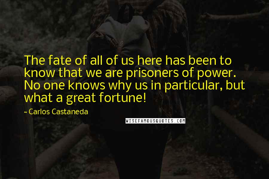 Carlos Castaneda quotes: The fate of all of us here has been to know that we are prisoners of power. No one knows why us in particular, but what a great fortune!