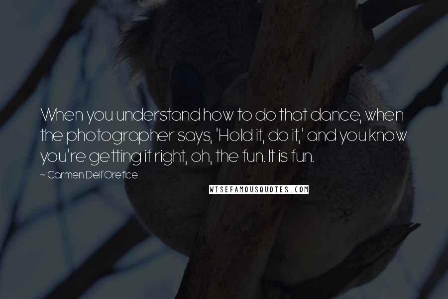 Carmen Dell'Orefice quotes: When you understand how to do that dance, when the photographer says, 'Hold it, do it,' and you know you're getting it right, oh, the fun. It is fun.