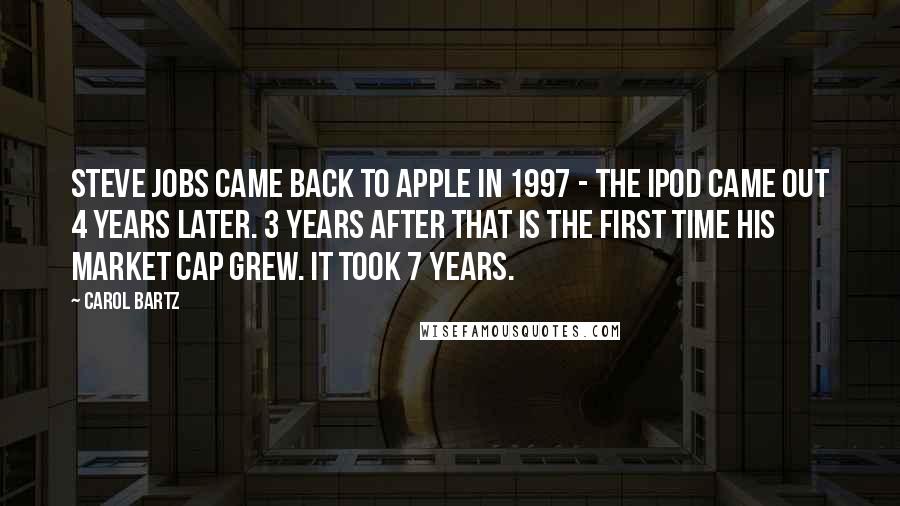 Carol Bartz quotes: Steve Jobs came back to Apple in 1997 - the iPod came out 4 years later. 3 years after that is the first time his market cap grew. It took
