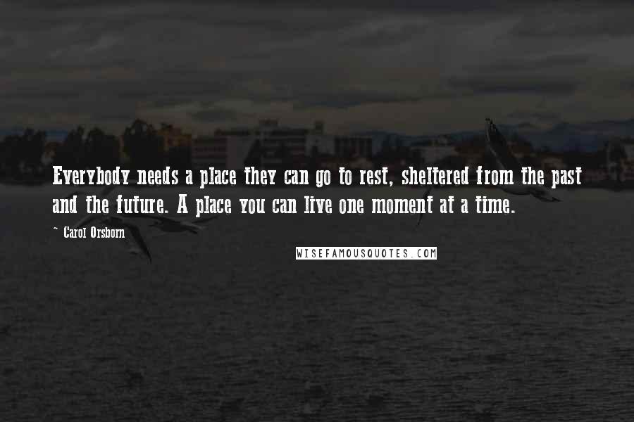 Carol Orsborn quotes: Everybody needs a place they can go to rest, sheltered from the past and the future. A place you can live one moment at a time. Carol Orsborn quotes: Everybody needs a place they can go to rest, sheltered from the past and the future. A place you can live one moment at a time.
