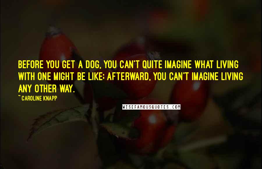 Caroline Knapp quotes: Before you get a dog, you can't quite imagine what living with one might be like; afterward, you can't imagine living any other way. Caroline Knapp quotes: Before you get a dog, you can't quite imagine what living with one might be like; afterward, you can't imagine living any other way.