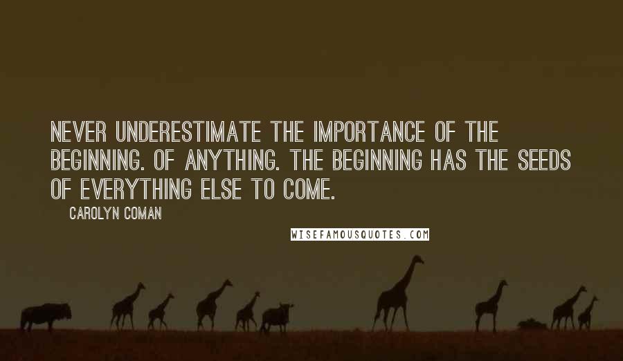 Carolyn Coman quotes: Never underestimate the importance of the beginning. Of anything. The beginning has the seeds of everything else to come.