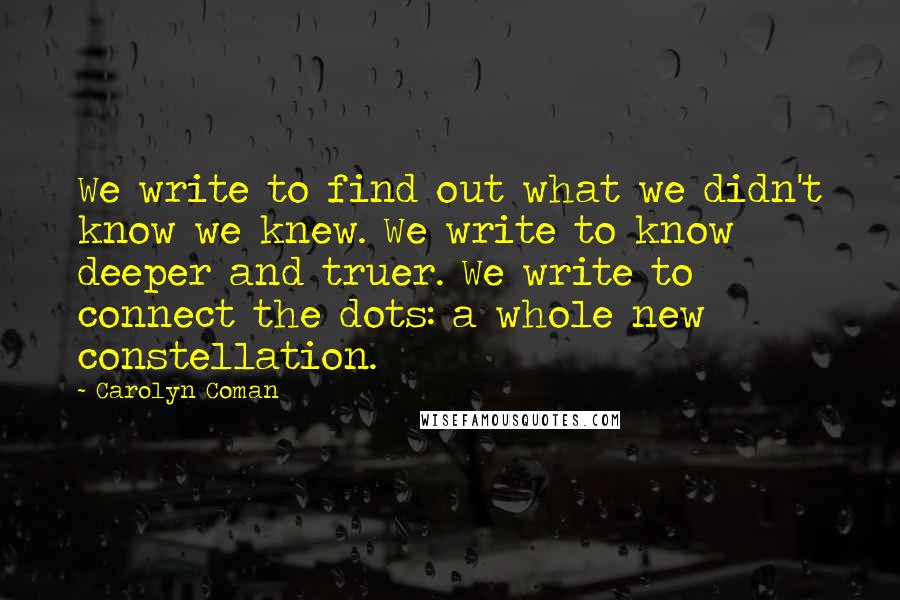 Carolyn Coman quotes: We write to find out what we didn't know we knew. We write to know deeper and truer. We write to connect the dots: a whole new constellation. Carolyn Coman quotes: We write to find out what we didn't know we knew. We write to know deeper and truer. We write to connect the dots: a whole new constellation.