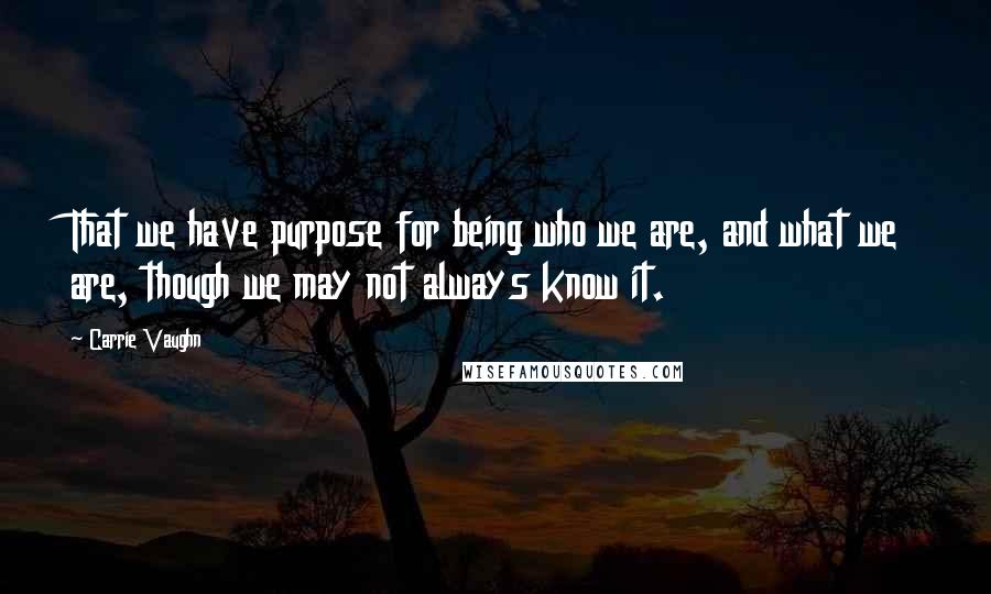 Carrie Vaughn quotes: That we have purpose for being who we are, and what we are, though we may not always know it.