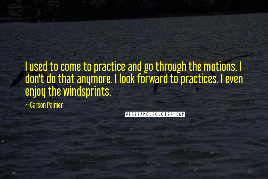Carson Palmer quotes: I used to come to practice and go through the motions. I don't do that anymore. I look forward to practices. I even enjoy the windsprints. Carson Palmer quotes: I used to come to practice and go through the motions. I don't do that anymore. I look forward to practices. I even enjoy the windsprints.