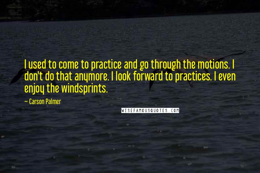 Carson Palmer quotes: I used to come to practice and go through the motions. I don't do that anymore. I look forward to practices. I even enjoy the windsprints.