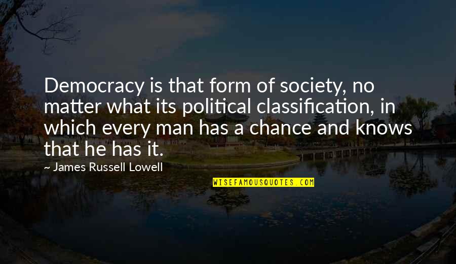 Carwin Tawog Quotes By James Russell Lowell: Democracy is that form of society, no matter