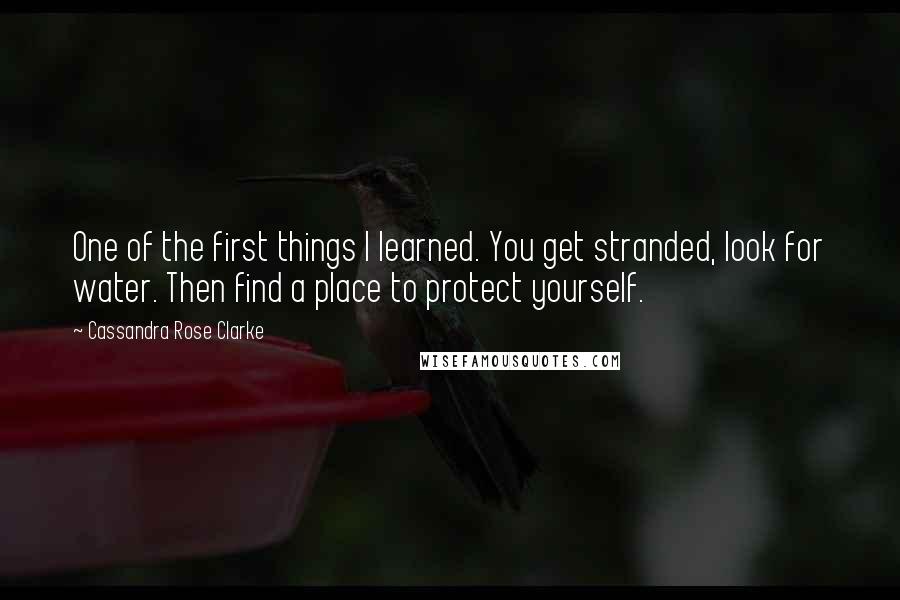 Cassandra Rose Clarke quotes: One of the first things I learned. You get stranded, look for water. Then find a place to protect yourself. Cassandra Rose Clarke quotes: One of the first things I learned. You get stranded, look for water. Then find a place to protect yourself.