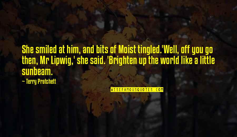Castigates Crossword Quotes By Terry Pratchett: She smiled at him, and bits of Moist