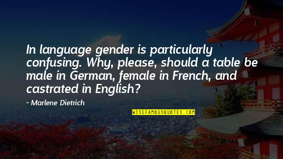 Castrated Quotes By Marlene Dietrich: In language gender is particularly confusing. Why, please,