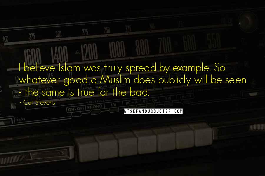 Cat Stevens quotes: I believe Islam was truly spread by example. So whatever good a Muslim does publicly will be seen - the same is true for the bad.