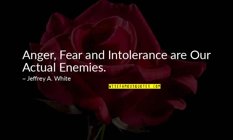 Catarrhine Quotes By Jeffrey A. White: Anger, Fear and Intolerance are Our Actual Enemies.