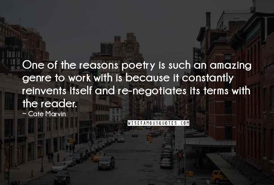 Cate Marvin quotes: One of the reasons poetry is such an amazing genre to work with is because it constantly reinvents itself and re-negotiates its terms with the reader.