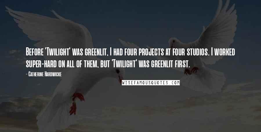 Catherine Hardwicke quotes: Before 'Twilight' was greenlit, I had four projects at four studios. I worked super-hard on all of them, but 'Twilight' was greenlit first.